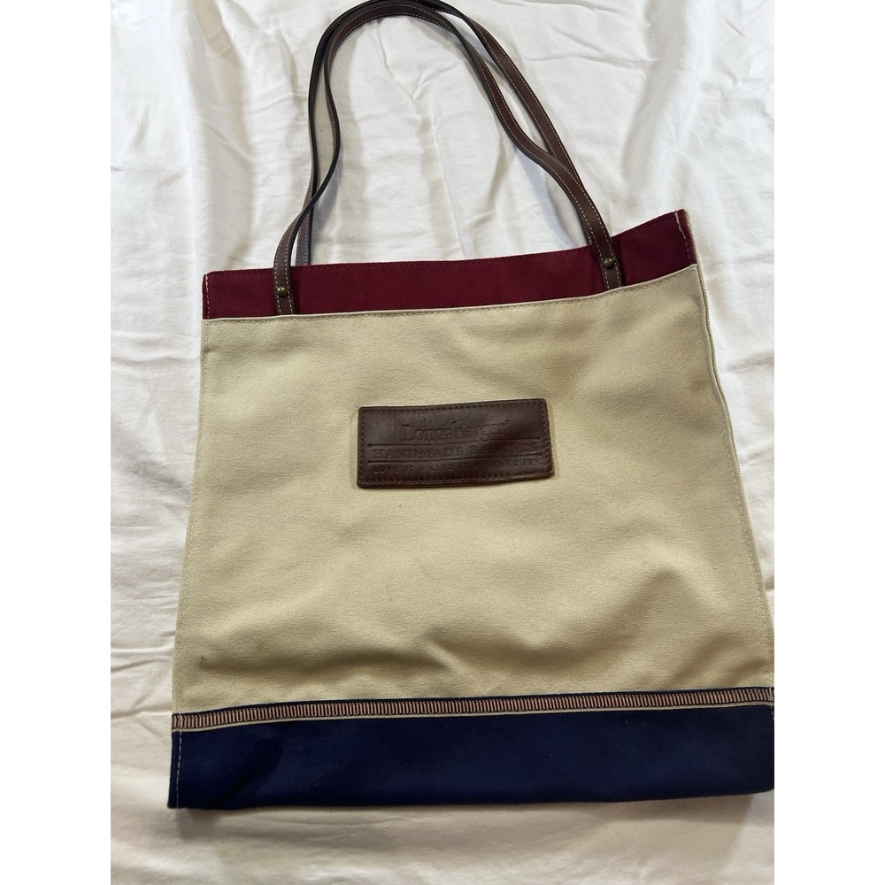 Longaberger Canvas Tote Bag‎ Tan Burgundy Navy Blue Leather Patch Handmade USA